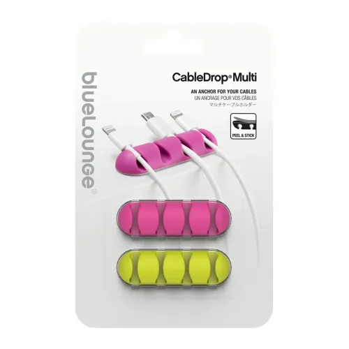 Bluelounge CableDrop Multi kabelorganiseringspaket med rosa och limegröna hållare och självhäftande baksida
