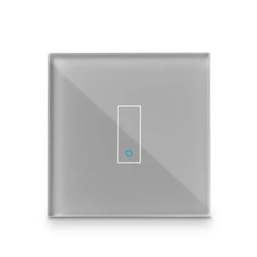 Iotty Smart Switch-frontplade i glas i blank grå med centreret touchområde til vægmontering