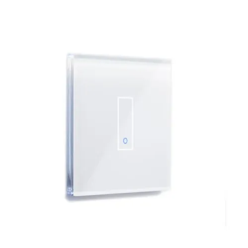Iotty smart strömbrytare med blank vit frontplatta och blå pekikon för belysningsstyrning via Wi-Fi