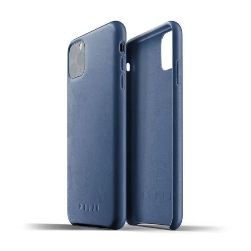Mujjo-läderfodral för iPhone 11 Pro Max i Monacoblått, visas framifrån och bakifrån med upphöjd kamerakant och utskärningar för knappar.