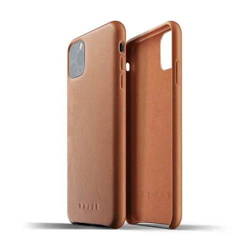 Mujjo ljusbrunt läderfodral för iPhone 11 Pro Max, visat framifrån och invändigt med mikrofiberfoder.