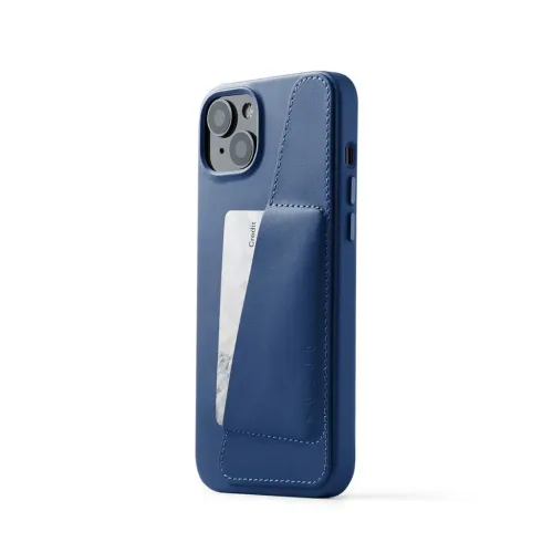 Mujjo blått plånboksfodral i läder för iPhone 15 Plus och 14 Plus, med kortfack och upphöjd kamerautskärning