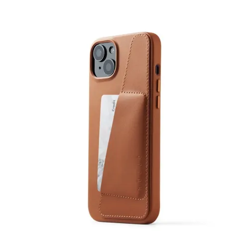Mujjo plånboksfodral i brunt läder för iPhone 15 Plus och 14 Plus, med kortficka och kamerautskärning