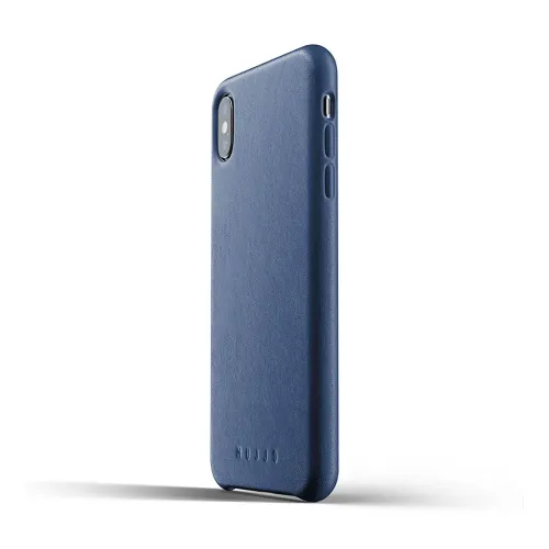 Mujjo blått helskinnsfodral för iPhone XS Max med slimmad profil, kamerautskärning och präglad logotyp