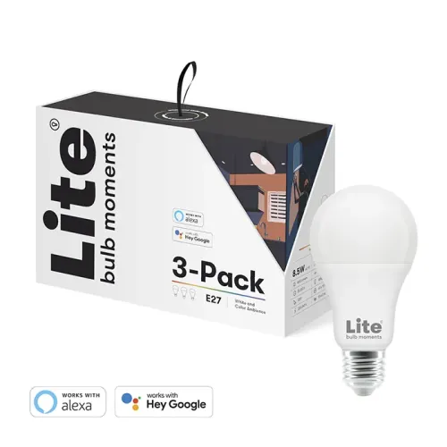 Lite Bulb Moments E27 förpackning för smart lampa med vit lampa, visar vitt och färgat stämningsljus och kompatibilitet med Alexa/Hey Google