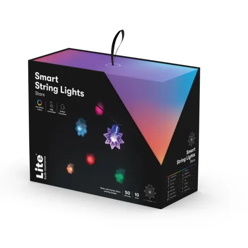 Lite Bulb Moments Smart Light Chain - Stars detaljhandelsförpackning med färgglad grafik med stjärnljus och upphängningsögla