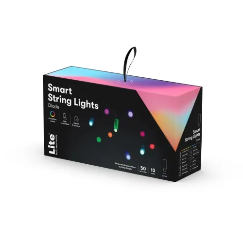 Lite Bulb Moments Smart String Lights-förpackning för diodbox med färgglad LED-ljusdesign och text om appstyrd belysning