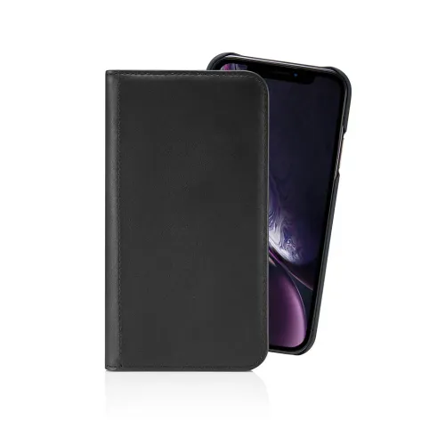 Pipetto magnetiskt foliofodral för iPhone XR i svart läder med sydda kanter och avtagbart skal