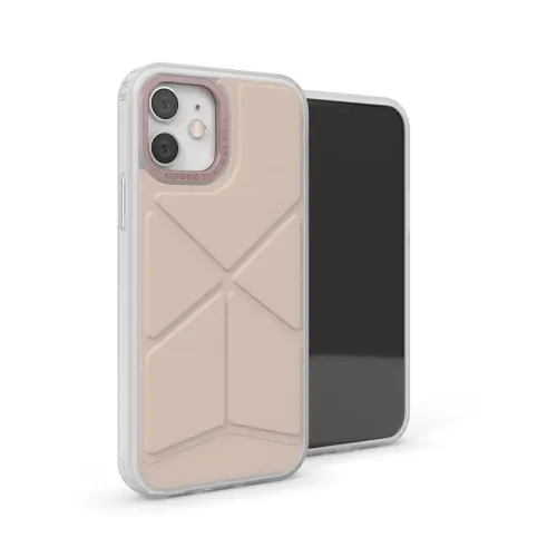 Pipetto iPhone 12 Mini-skal med vikbart stativ och skyddande transparent beige baksida, visat i studio