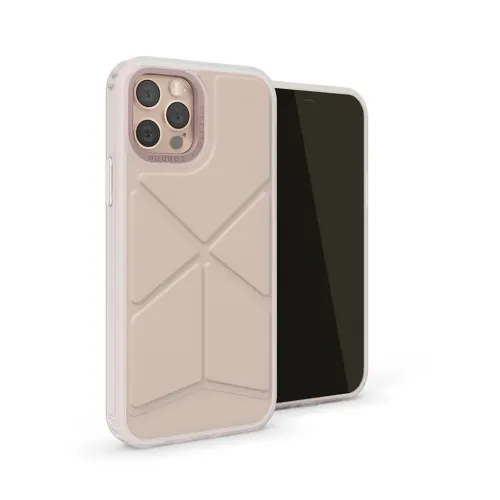 Pipetto Origami Snap Case för iPhone 12 Pro Max, transparent och beige med utfällbart stativ och kameraskydd