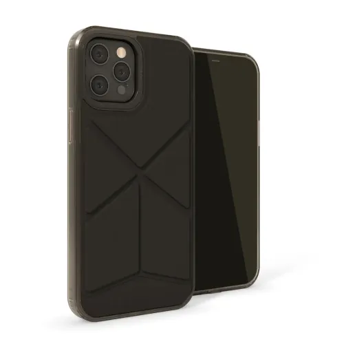 Pipetto Origami Snap Case för iPhone 12 Pro Max i svart, med vikbar stativdesign och skyddande kant.