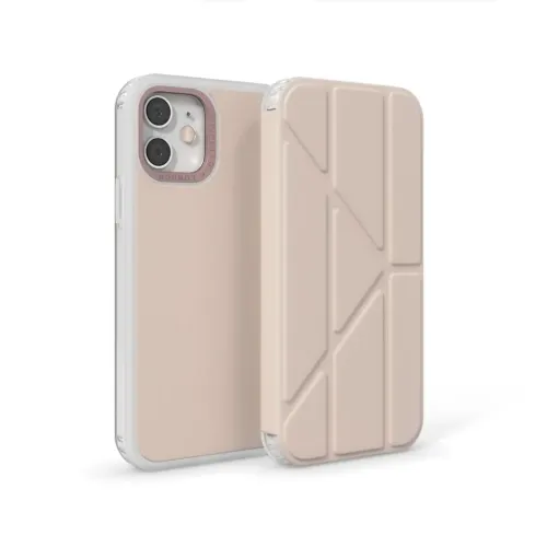 Pipetto Origami Folio-fodral för iPhone 12 och 12 Pro i beige, visas öppet och stängt med transparent skyddsram.