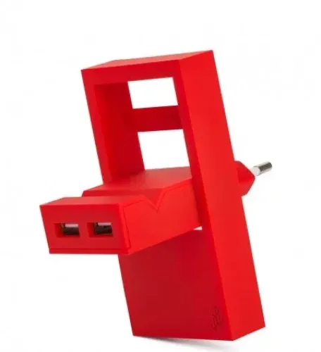 Usbepower Rock dubbel USB-A-laddare i rött med två portar på framsidan och vinklad ramdesign