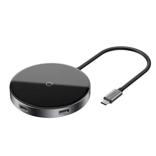 Baseus kompakt 6-i-1 Type-C-hubb med trådlös laddningsplatta, USB-portar och fast USB-C-kabel