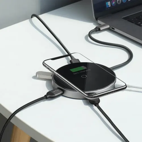 Baseus 6-i-1 USB-C-hubb med trådlös laddning, smarttelefon ovanpå, anslutna kablar och anslutning till bärbar dator