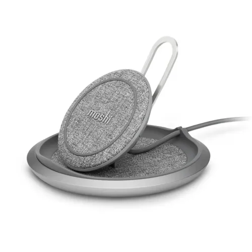 Moshi Lounge Q trådlöst snabbladdningsställ med tygklädd design, rund bas och fast kabel