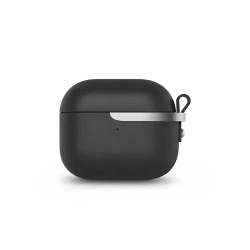 Moshi Pebbo Luxe AirPods 3-fodral i svart veganskt läder med silverfärgat accentband och ögla för handledsrem