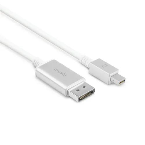 Moshi Mini DisplayPort till DisplayPort-kabel med silverfärgade kontakter och vita kablar för anslutning av en Mac eller bildskärm