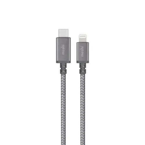 Moshi Integra USB-C till Lightning-kabel med flätad grå utsida och Moshi-logotyp