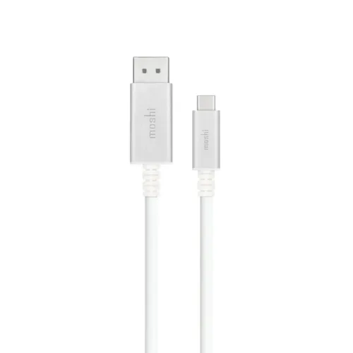 Moshi vit USB-C till USB-A-kabel med silverfärgade kontakthus och logotyp på vit bakgrund
