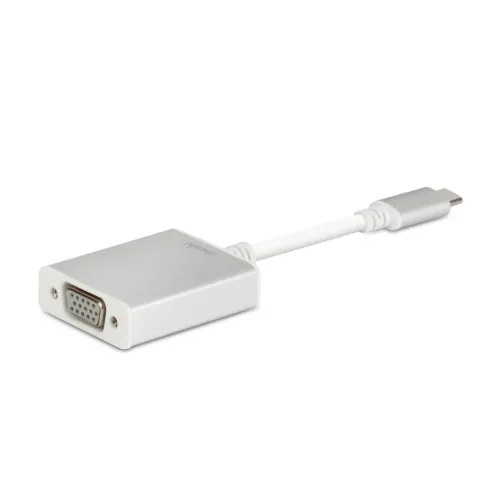 Moshi USB-C till VGA-adapter med kort kabel, USB-C-kontakt och VGA-anslutning, i vitt mot en enkel bakgrund.
