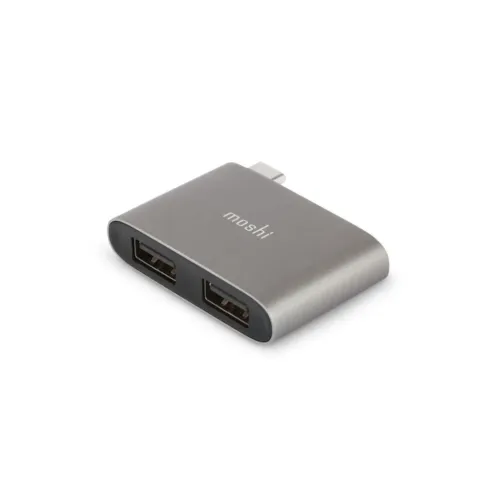 Moshi USB-C till dubbel USB-A-adapter med två USB-A-portar och USB-C-kontakt i ett kompakt silverfärgat hölje