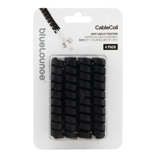 Bluelounge CableCoil kabelorganiseringstillbehör i 4-pack i svart, visas i transparent blisterförpackning