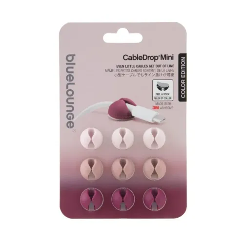 Bluelounge CableDrop Mini 9-pack, förpackning med självhäftande kabelhållare i ombrérosa