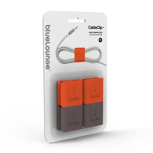Bluelounge CableClip Medium-förpackning med orange och grå kabelklämmor för trasselfri kabelorganisering