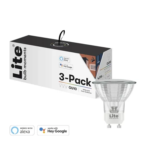 Lite Bulb Moments GU10 smart LED-lampa 3-pack i förpackning med en lampa synlig, vitt och färgat stämningsljus, fungerar med Alexa och Google