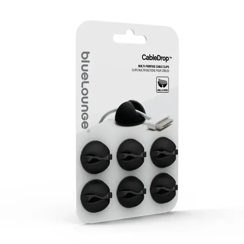 Bluelounge CableDrop 6-pack svarta självhäftande kabelhållare i detaljhandelsförpackning