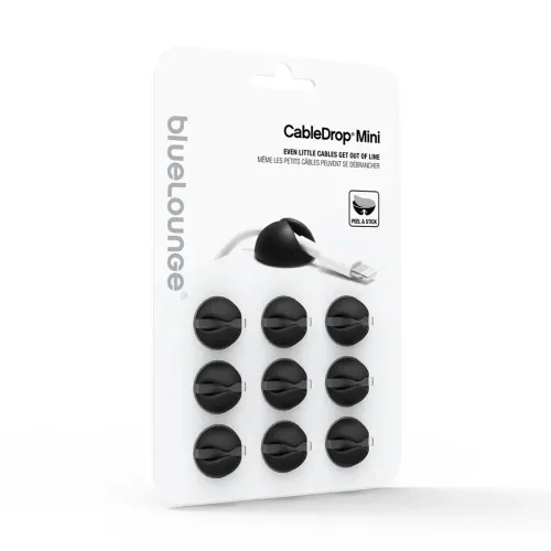 Bluelounge CableDrop Mini 9-pack förpackning med svarta självhäftande kabelhållare för kabelhantering