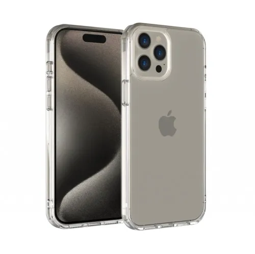 Just Mobile TENC Air transparent skyddsfodral för iPhone 15 Pro, visat framifrån och bakifrån med kamerautskärning