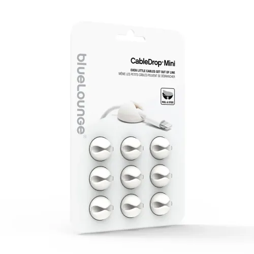 Bluelounge CableDrop Mini 9-pack-förpackning för självhäftande kabelhantering, visas i vitt med illustrationer av kabelhållare