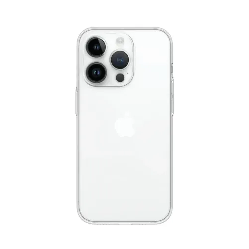 Just Mobile TENC Slim Fit genomskinligt skal på iPhone 14 Pro, med tunn skyddande passform och kamerautskärning.