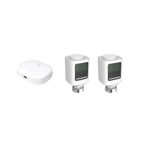 WOOX smart radiatortermostatsæt med én Zigbee-hub og to hvide radiatortermostater til varmestyring