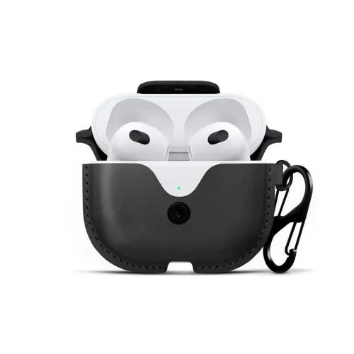 Twelve South AirSnap nahast ümbris 3. põlvkonna Apple AirPods kõrvaklappidele koos karabiinklambriga, avatuna valgel taustal.