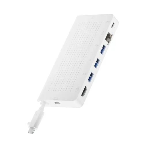 Twelve South StayGo USB-C-hub i hvid med USB-A-, Ethernet- og USB-C-porte på en ren hvid baggrund.