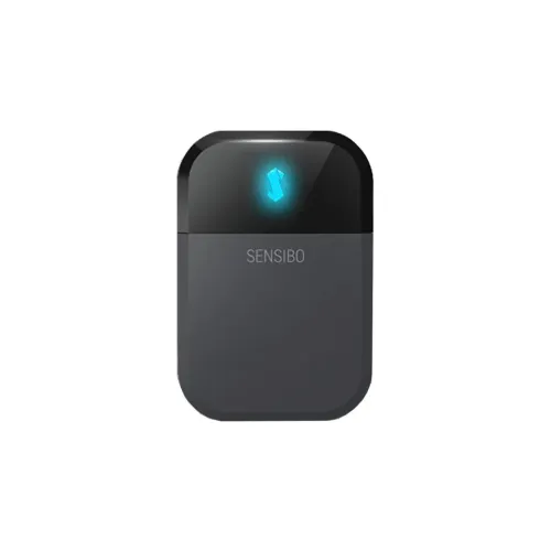 Sensibo Sky smart styrenhet för luftkonditionering i svart och grått med belyst ikon och SENSIBO-logotyp
