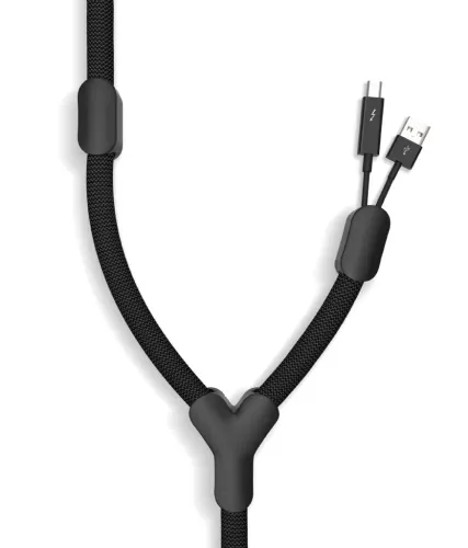 Bluelounge Soba svart kabelhanteringsstrumpa med Y-delad design för organisering av USB- och Lightning-kablar