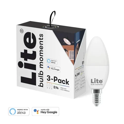 Lite Bulb Moments E14 smart glödlampa med 3-pack i detaljhandelsförpackning, vitt och färgat stämningsljus, Alexa- och Google-logotyper