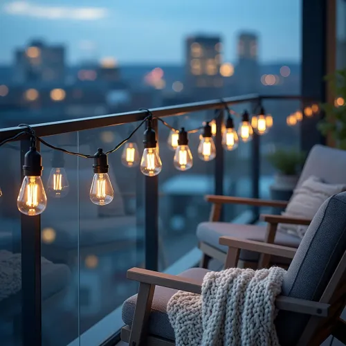 Lite Bulb Moments smarta ljusslingor med vintage Edison-glödlampor som lyser på ett balkongräcke