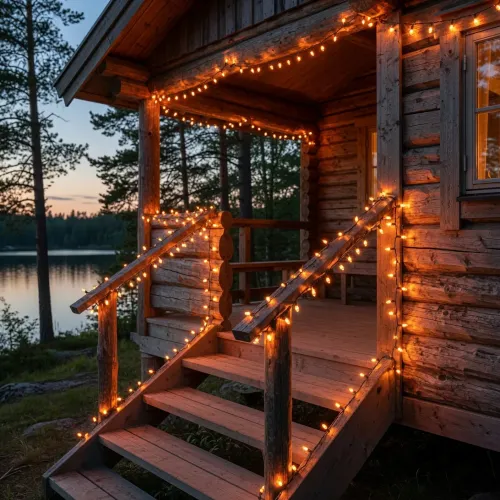 Lite Bulb Moments smarta ljusslingor som lyser varmt bärnstensfärgat längs en stugas veranda och trappräcken utomhus