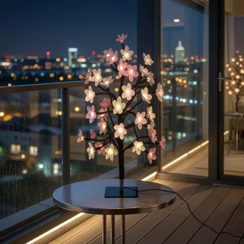 Lite Bulb Moments smart körsbärsblomsträdslampa med rosa och vita blommor belysta på en svart bas