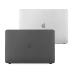 Funda Moshi iGlaze para MacBook Pro de 16 pulgadas mostrada en vistas traseras en gris oscuro y plata sobre fondo blanco