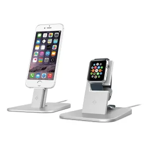 Support de recharge Twelve South HiRise pour Apple Watch en argent, présenté avec un socle de montre surélevé et une station d’accueil iPhone assortie.