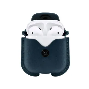 Funda de cuero Twelve South AirSnap para AirPods, con parte superior abierta, cierre a presión y AirPods en el interior