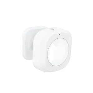 Capteur de sécurité domestique WOOX blanc, avec boîtier carré aux angles arrondis et élément avant circulaire