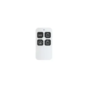 Télécommande SOS Zigbee WOOX avec quatre boutons noirs, dont SOS, sur fond blanc