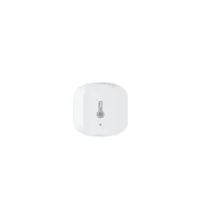 Capteur de température pour maison connectée WOOX avec icône de thermomètre, design arrondi blanc et voyant lumineux bleu
